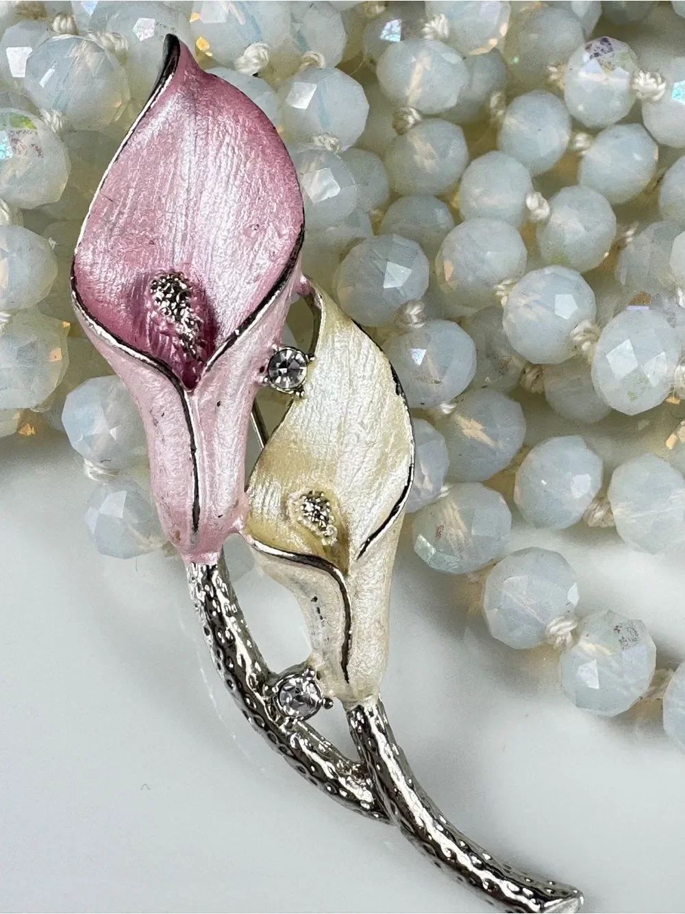 Vintage Pink & Cream Calla Lily Brooch with Rhinestone Accents